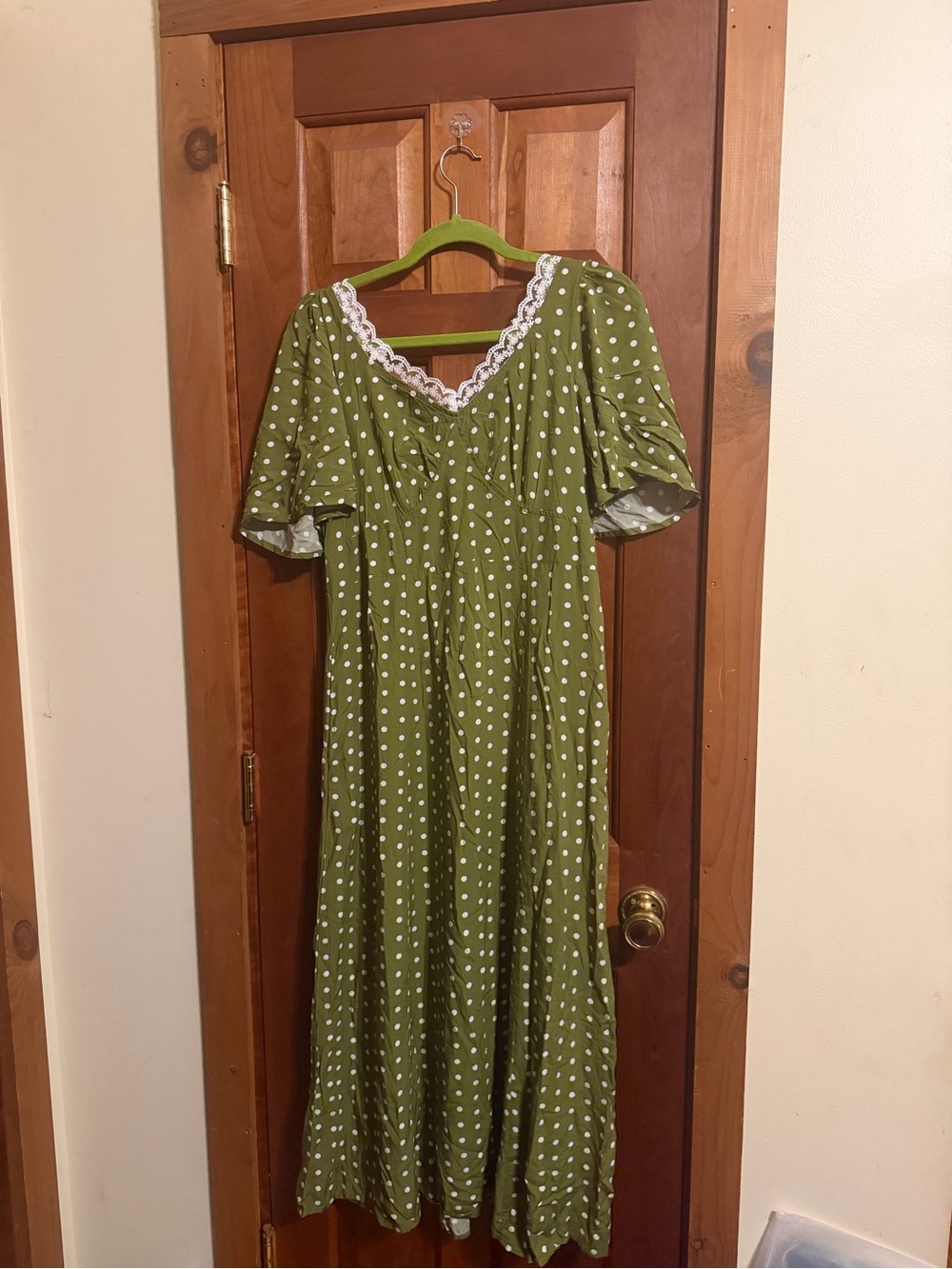 Olive Green Polka Dot Maxi Dress with Lace Trim